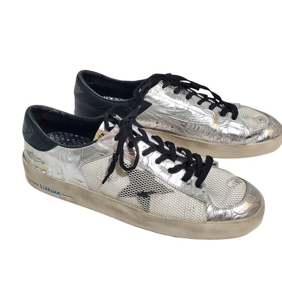 Golden Goose Mens 47/14 Stardan Mesh Leather Upper Silver Distressed Sneakers - Picture 1 of 12